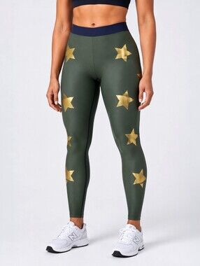 Ultracor Lux Knockout Star Print Compression Leggings Green Gold High Rise M